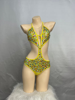Dance Leotard Women's Yellow Cut-Out Halterneck Rhinestone Bodysuit for Performance