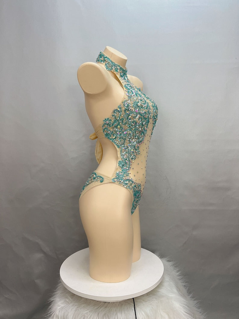 Dance Leotard Women's Teal Crystal Embellished Mesh Halter Neck Bodysuit, Latin Ballroom Performance Dancewear