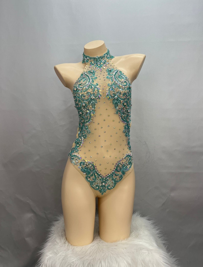 Dance Leotard Women's Teal Crystal Embellished Mesh Halter Neck Bodysuit, Latin Ballroom Performance Dancewear