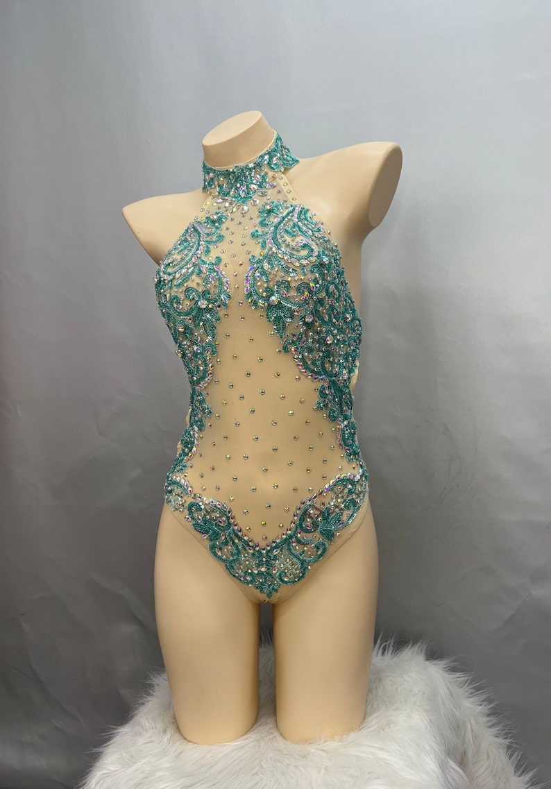 Dance Leotard Women's Teal Crystal Embellished Mesh Halter Neck Bodysuit, Latin Ballroom Performance Dancewear
