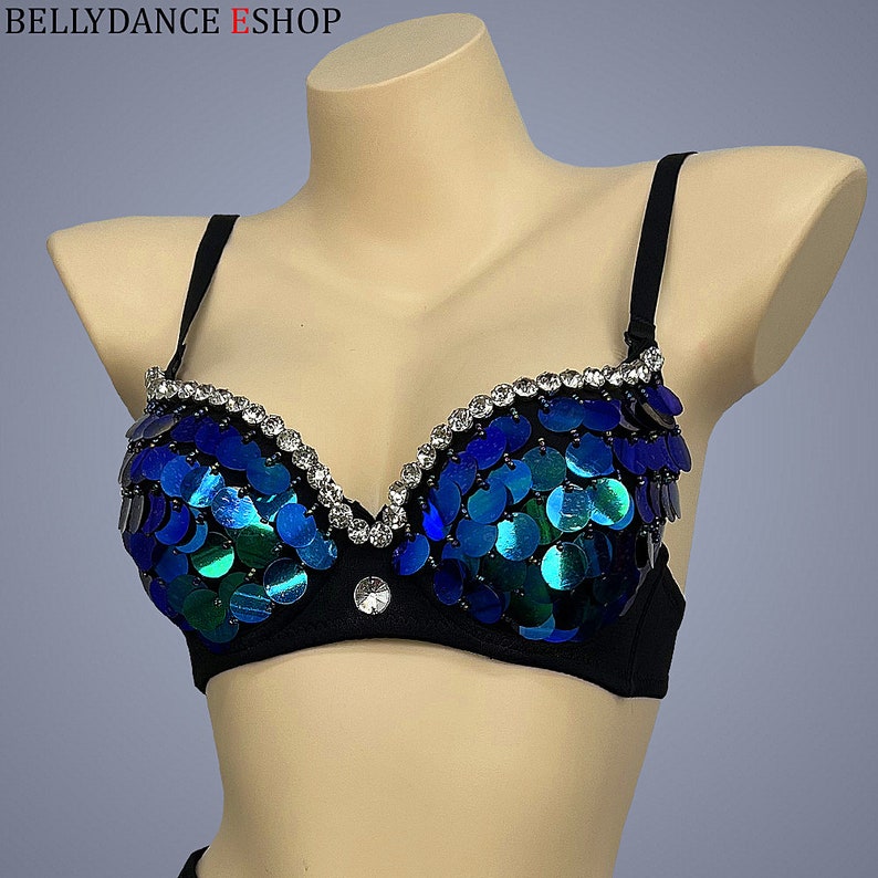 Dance Bra Women's Black Blue Green Sequin Rhinestone Padded Adjustable Strap Bra Top Belly Dance