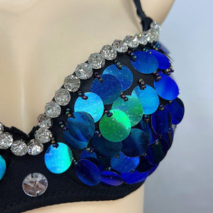 Dance Bra Women's Black Blue Green Sequin Rhinestone Padded Adjustable Strap Bra Top Belly Dance
