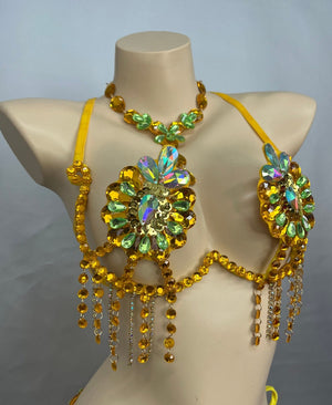 Belly Dance Bra Top, Women's Orange & Blue Sequin & Rhinestone Beaded Halter Top, Tribal Fusion Dancewear