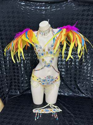 Carnival Dancewear Women's Multicolor Feathered & Bejeweled Yellow Bra Top and Belt Set with Headpiece, Belly Dance Costume