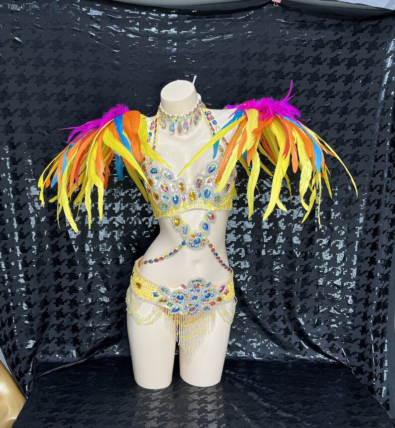 Carnival Dancewear Women's Multicolor Feathered & Bejeweled Yellow Bra Top and Belt Set with Headpiece, Belly Dance Costume
