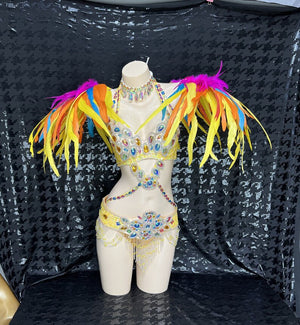 Carnival Dancewear Women's Multicolor Feathered & Bejeweled Yellow Bra Top and Belt Set with Headpiece, Belly Dance Costume