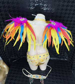 Carnival Dancewear Women's Multicolor Feathered & Bejeweled Yellow Bra Top and Belt Set with Headpiece, Belly Dance Costume