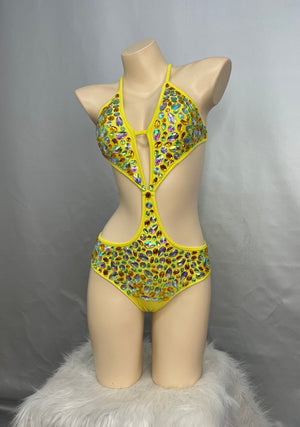Dance Leotard Women's Yellow Cut-Out Halterneck Rhinestone Bodysuit for Performance