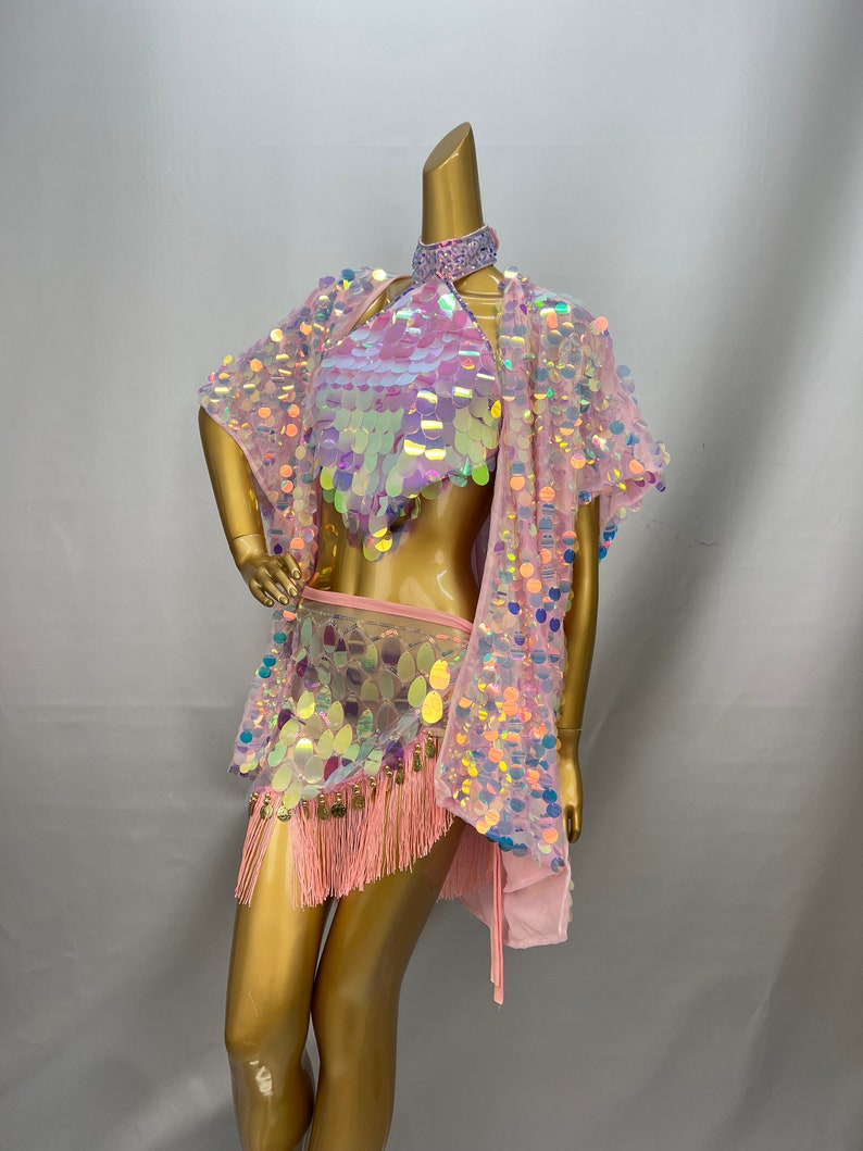 Women's Iridescent Sequin Fringe Halter Top, Skirt & Kimono Set - Belly Dance