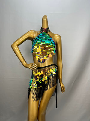 Women's Iridescent Sequin Fringe Halter Top, Skirt & Kimono Set - Belly Dance