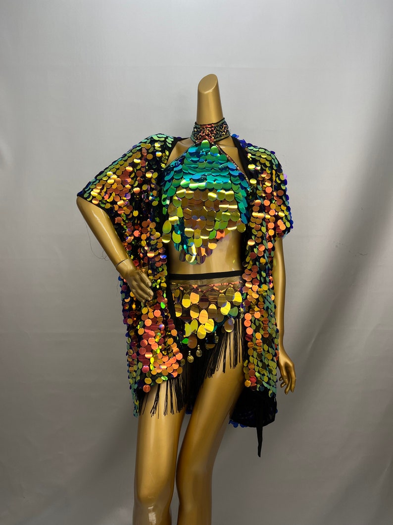 Women's Iridescent Sequin Fringe Halter Top, Skirt & Kimono Set - Belly Dance
