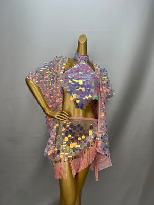 Women's Iridescent Sequin Fringe Halter Top, Skirt & Kimono Set - Belly Dance