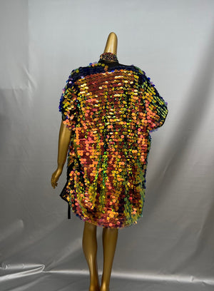 Women's Iridescent Sequin Fringe Halter Top, Skirt & Kimono Set - Belly Dance