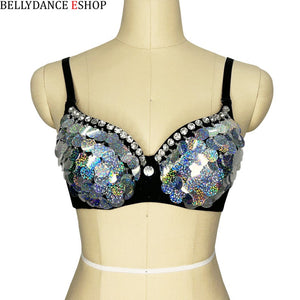 Dance Bra Women's Black Blue Green Sequin Rhinestone Padded Adjustable Strap Bra Top Belly Dance