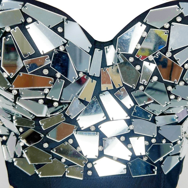 Women's Black & Silver Mirrored Sequin Rhinestone Sweetheart Neck Crop Top for Dance Performances
