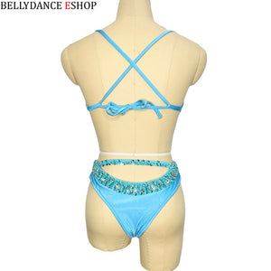 Women's Turquoise Beaded Cut-Out Halterneck Bikini Top & High-Cut Bottom Set for Carnival Dance