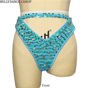 Women's Turquoise Beaded Cut-Out Halterneck Bikini Top & High-Cut Bottom Set for Carnival Dance