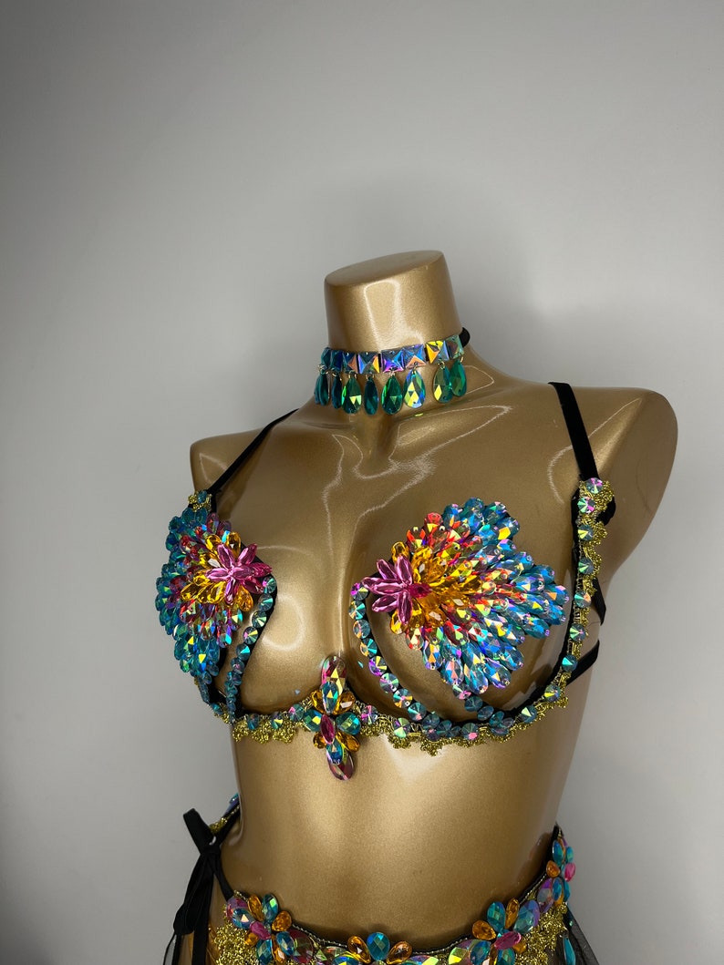 Belly Dance Costume, Women's Multi-Color Embellished Bra & Skirt Set, Gold Bottoms, Black Mesh Skirt, Sequin & Rhinestone Detail