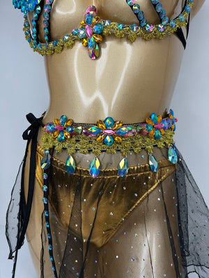 Belly Dance Costume, Women's Multi-Color Embellished Bra & Skirt Set, Gold Bottoms, Black Mesh Skirt, Sequin & Rhinestone Detail