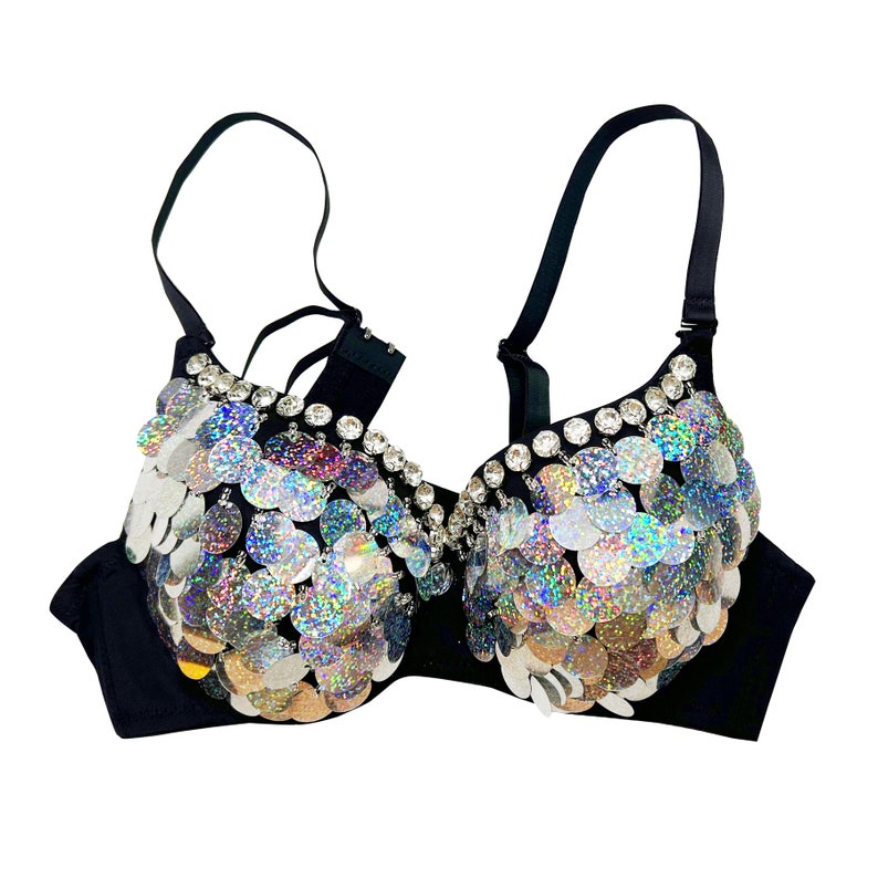 Dance Bra Women's Black Blue Green Sequin Rhinestone Padded Adjustable Strap Bra Top Belly Dance