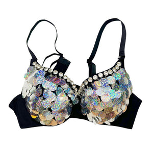 Dance Bra Women's Black Blue Green Sequin Rhinestone Padded Adjustable Strap Bra Top Belly Dance
