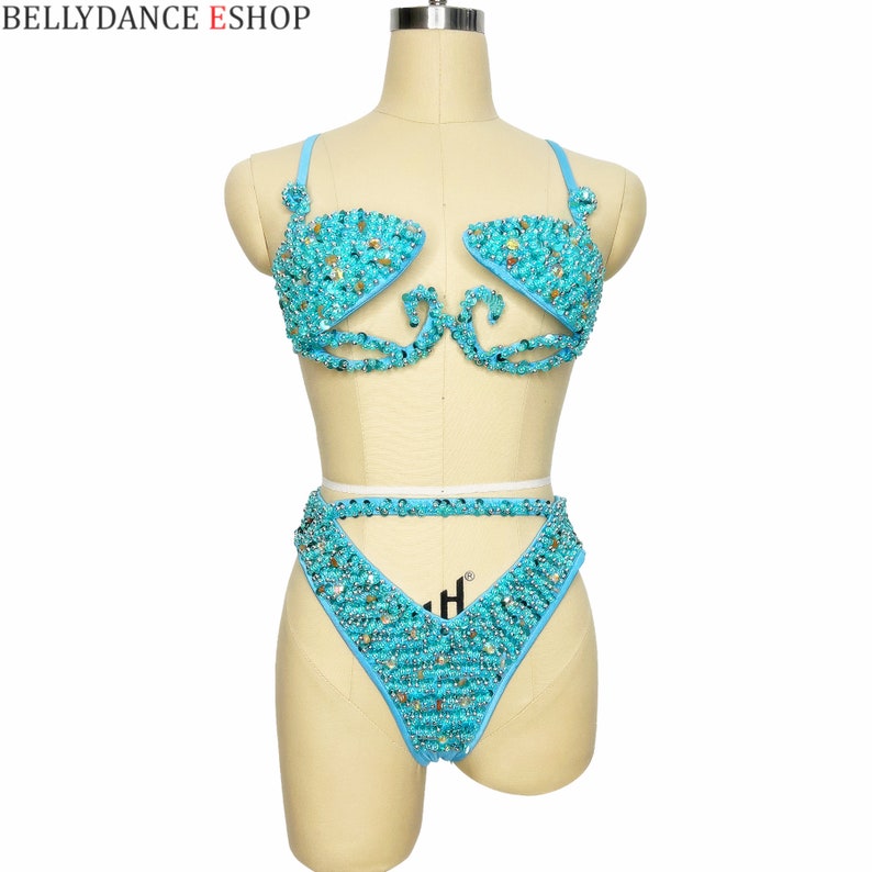 Women's Turquoise Beaded Cut-Out Halterneck Bikini Top & High-Cut Bottom Set for Carnival Dance