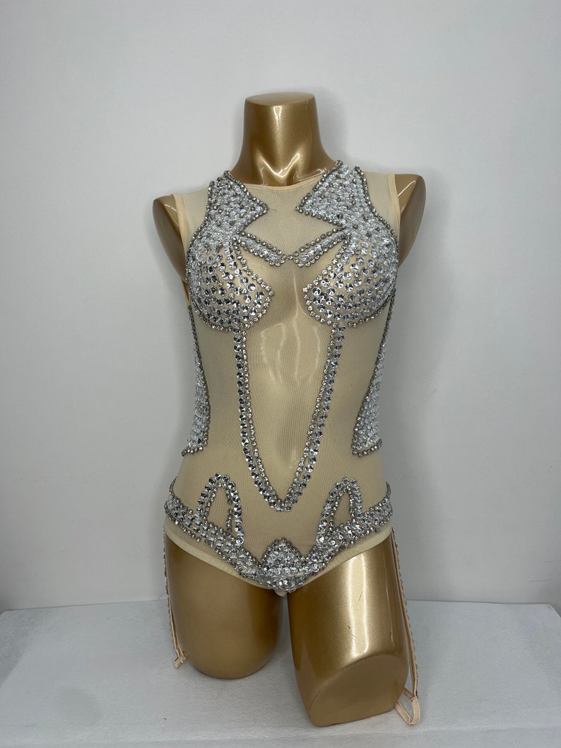 Bodysuit Women's Nude Mesh Silver Rhinestone Embellished Sleeveless Leotard Dancewear