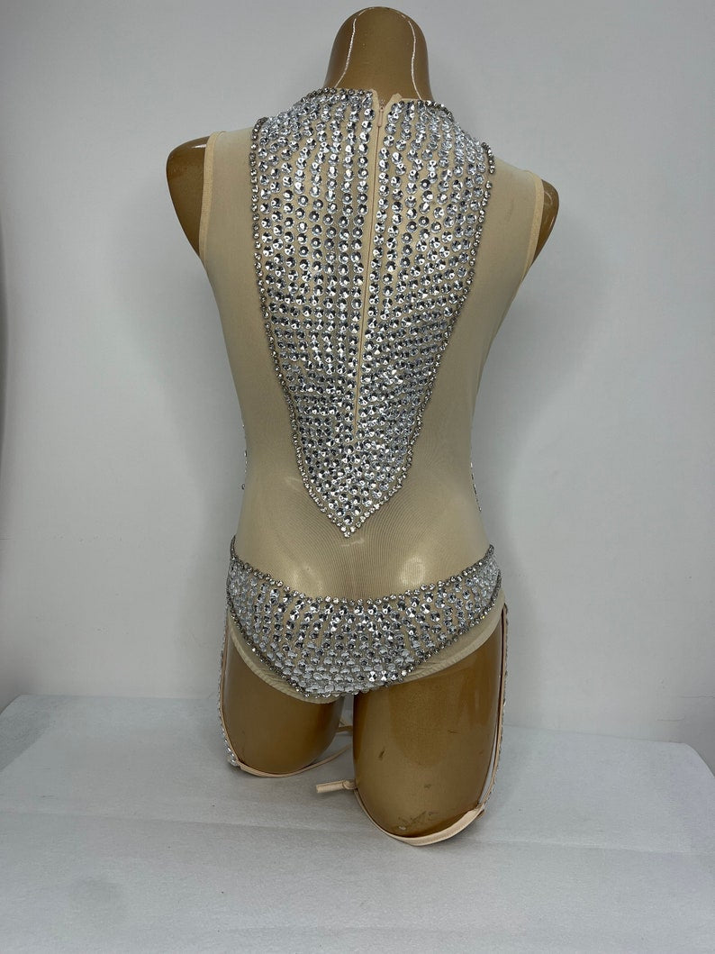 Bodysuit Women's Nude Mesh Silver Rhinestone Embellished Sleeveless Leotard Dancewear