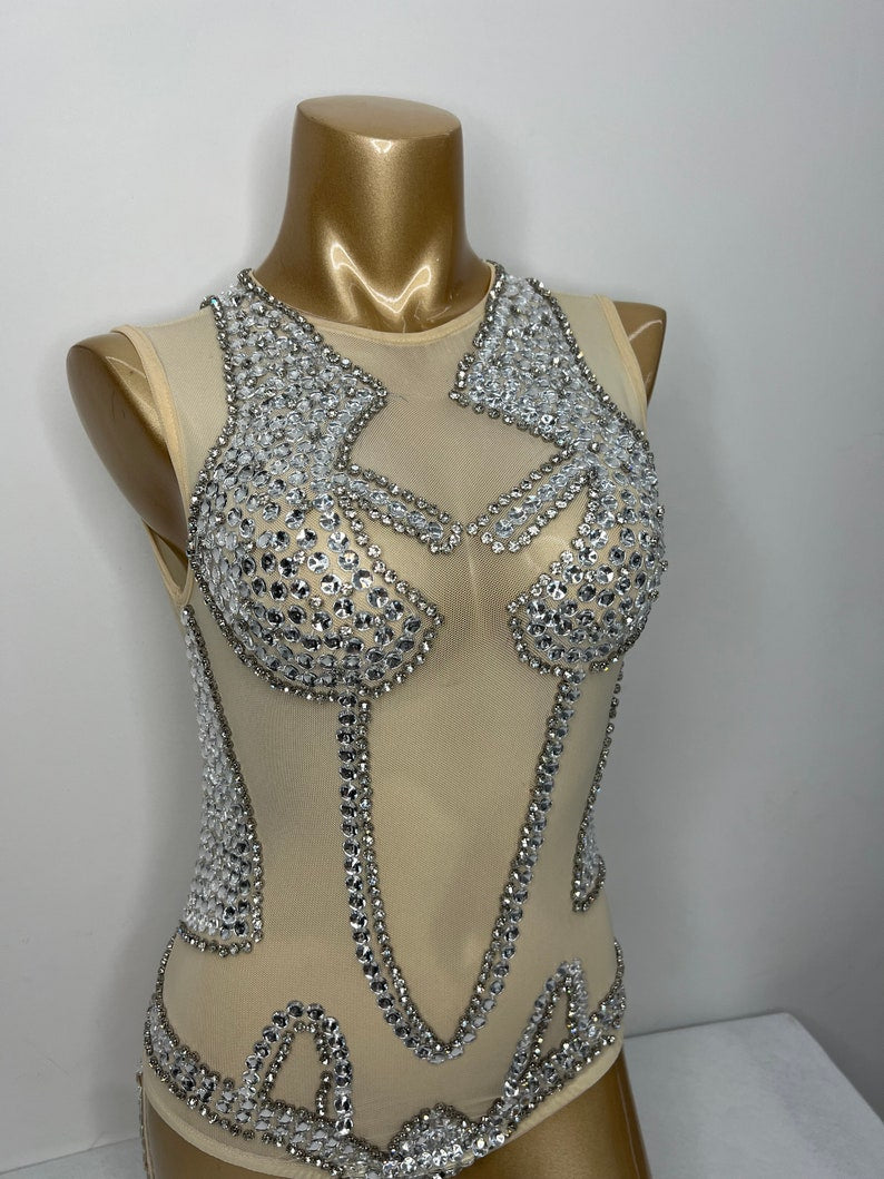 Bodysuit Women's Nude Mesh Silver Rhinestone Embellished Sleeveless Leotard Dancewear