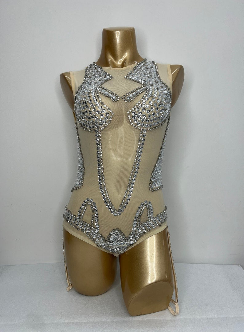 Bodysuit Women's Nude Mesh Silver Rhinestone Embellished Sleeveless Leotard Dancewear