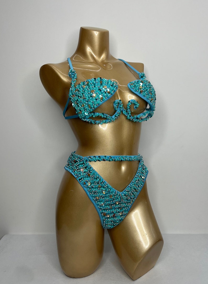 Women's Turquoise Beaded Cut-Out Halterneck Bikini Top & High-Cut Bottom Set for Carnival Dance