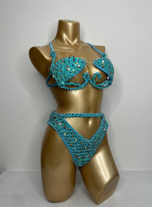 Women's Turquoise Beaded Cut-Out Halterneck Bikini Top & High-Cut Bottom Set for Carnival Dance