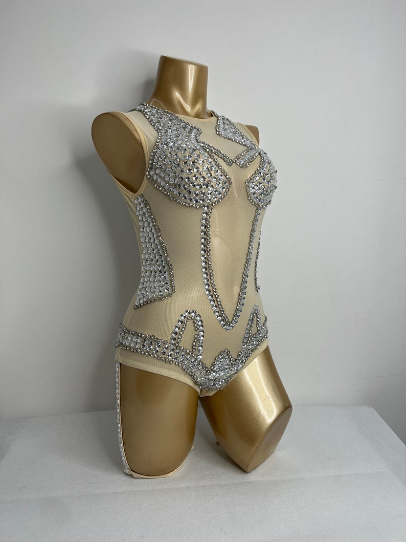 Bodysuit Women's Nude Mesh Silver Rhinestone Embellished Sleeveless Leotard Dancewear