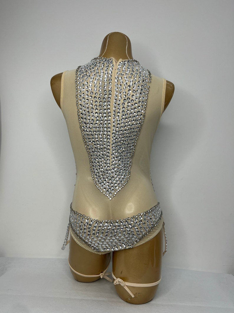 Bodysuit Women's Nude Mesh Silver Rhinestone Embellished Sleeveless Leotard Dancewear