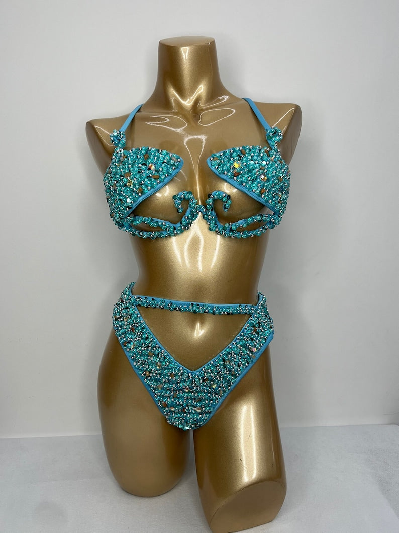 Women's Turquoise Beaded Cut-Out Halterneck Bikini Top & High-Cut Bottom Set for Carnival Dance