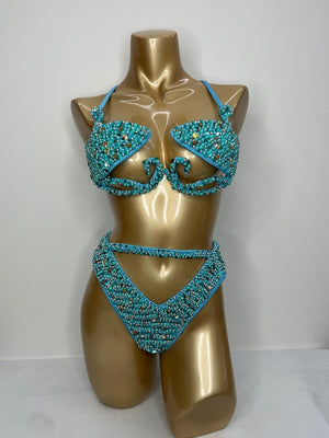Women's Turquoise Beaded Cut-Out Halterneck Bikini Top & High-Cut Bottom Set for Carnival Dance