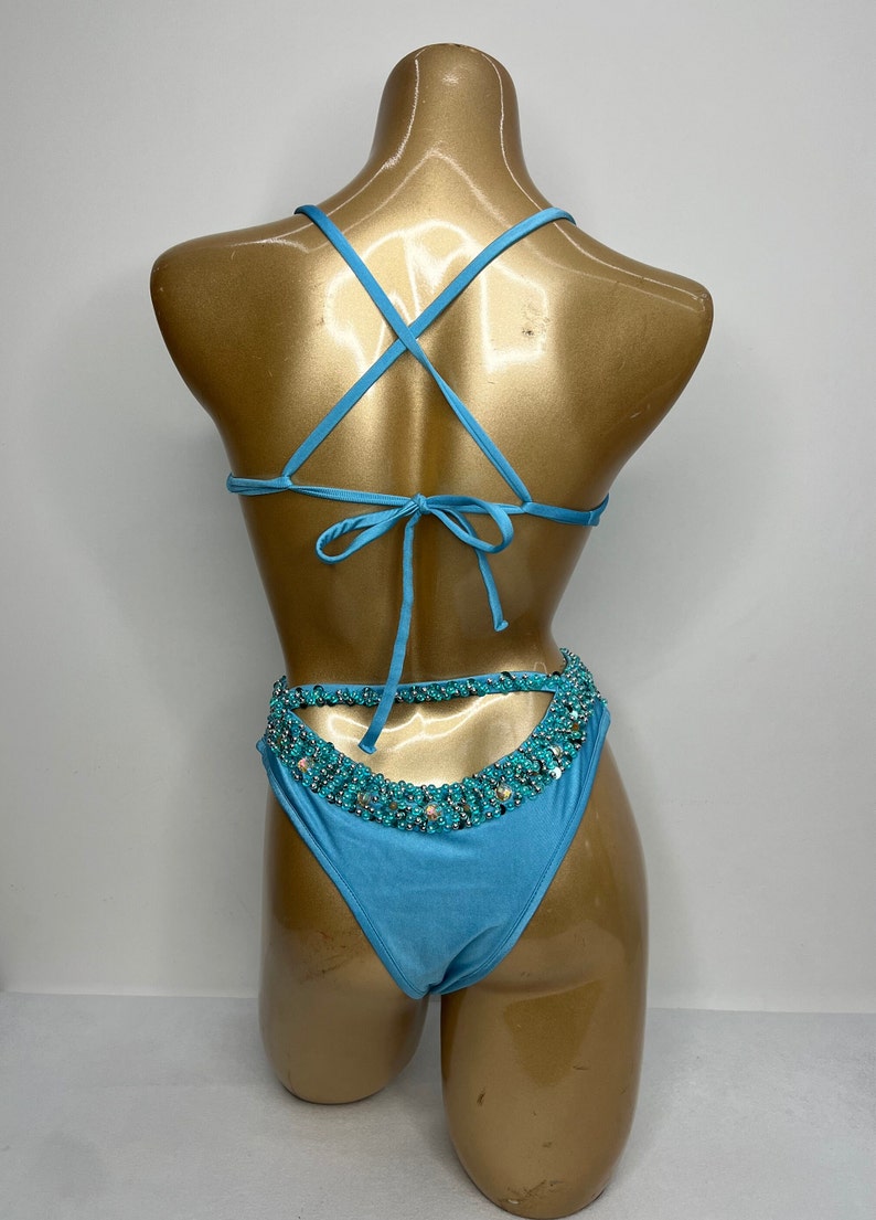 Women's Turquoise Beaded Cut-Out Halterneck Bikini Top & High-Cut Bottom Set for Carnival Dance