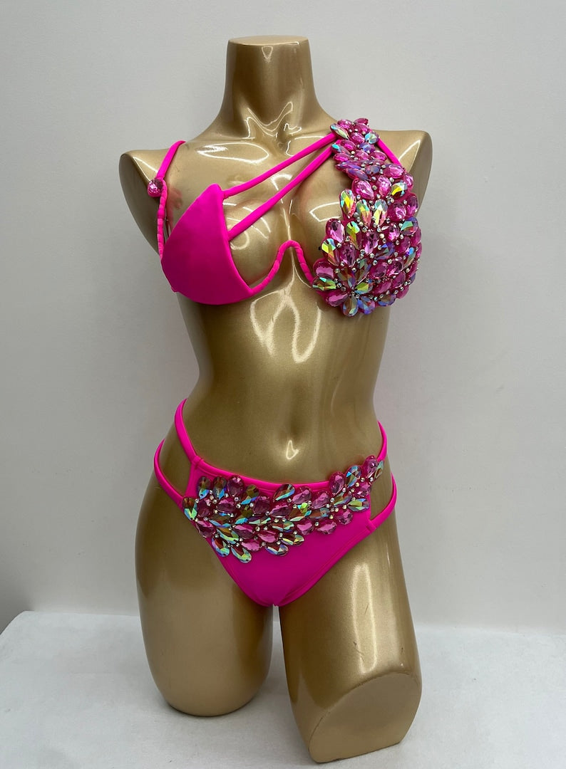 Women's Hot Pink Rhinestone Embellished Cut-Out Bikini Set for Latin Dance