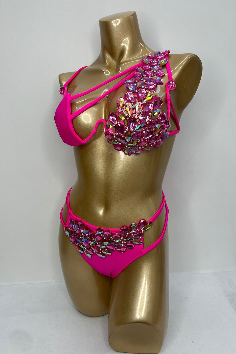 Women's Hot Pink Rhinestone Embellished Cut-Out Bikini Set for Latin Dance