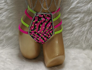 Dance Bottoms Women's Pink Neon Green Sequin Zebra Print Rhinestone Chain Detail High-Waisted Rave Shorts