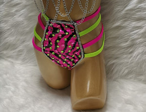 Dance Bottoms Women's Pink Neon Green Sequin Zebra Print Rhinestone Chain Detail High-Waisted Rave Shorts