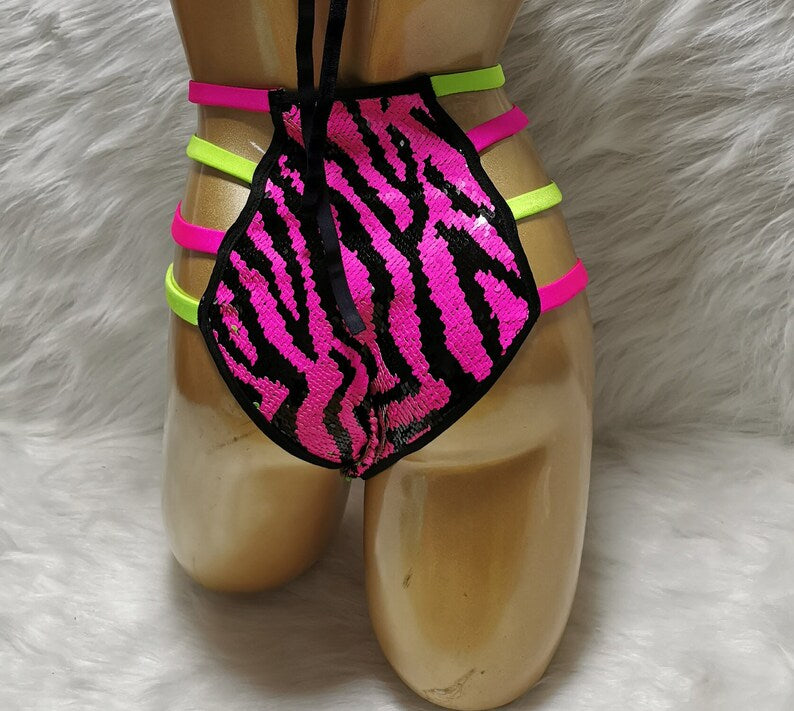 Dance Bottoms Women's Pink Neon Green Sequin Zebra Print Rhinestone Chain Detail High-Waisted Rave Shorts