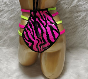 Dance Bottoms Women's Pink Neon Green Sequin Zebra Print Rhinestone Chain Detail High-Waisted Rave Shorts