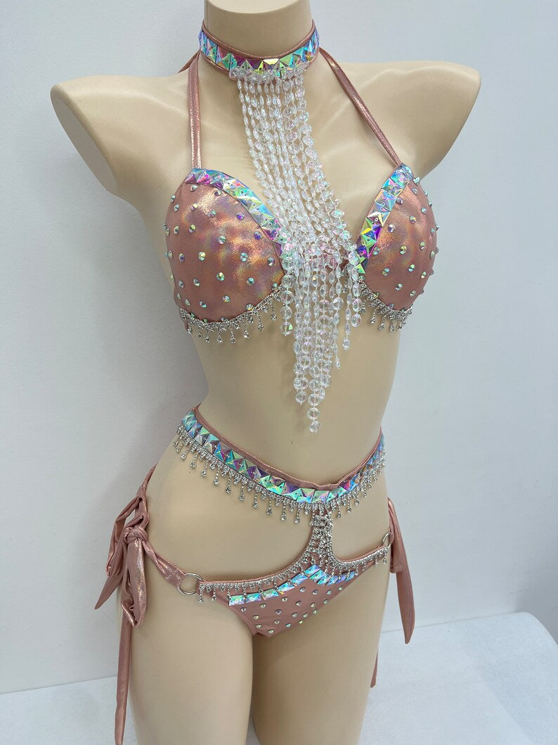 Dancewear Women's Rose Gold Sequin & Rhinestone Halter Bodysuit with Beaded Fringe