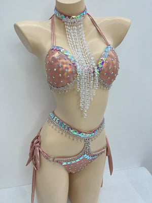 Dancewear Women's Rose Gold Sequin & Rhinestone Halter Bodysuit with Beaded Fringe