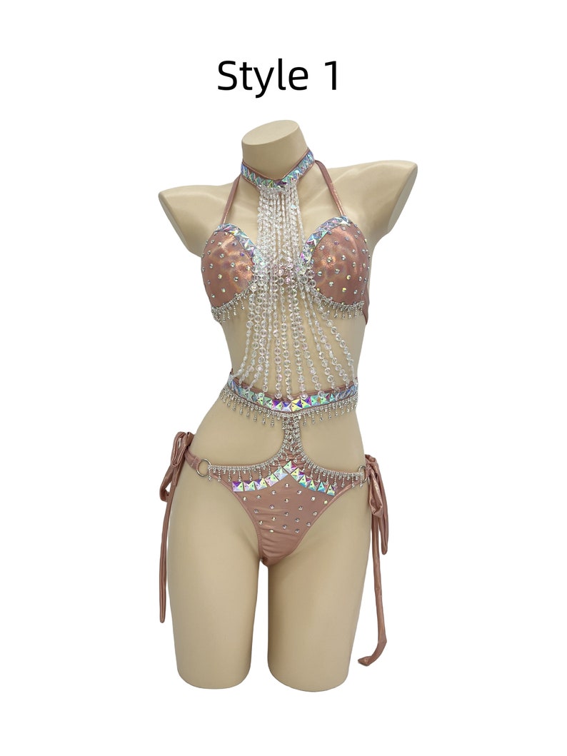 Dancewear Women's Rose Gold Sequin & Rhinestone Halter Bodysuit with Beaded Fringe
