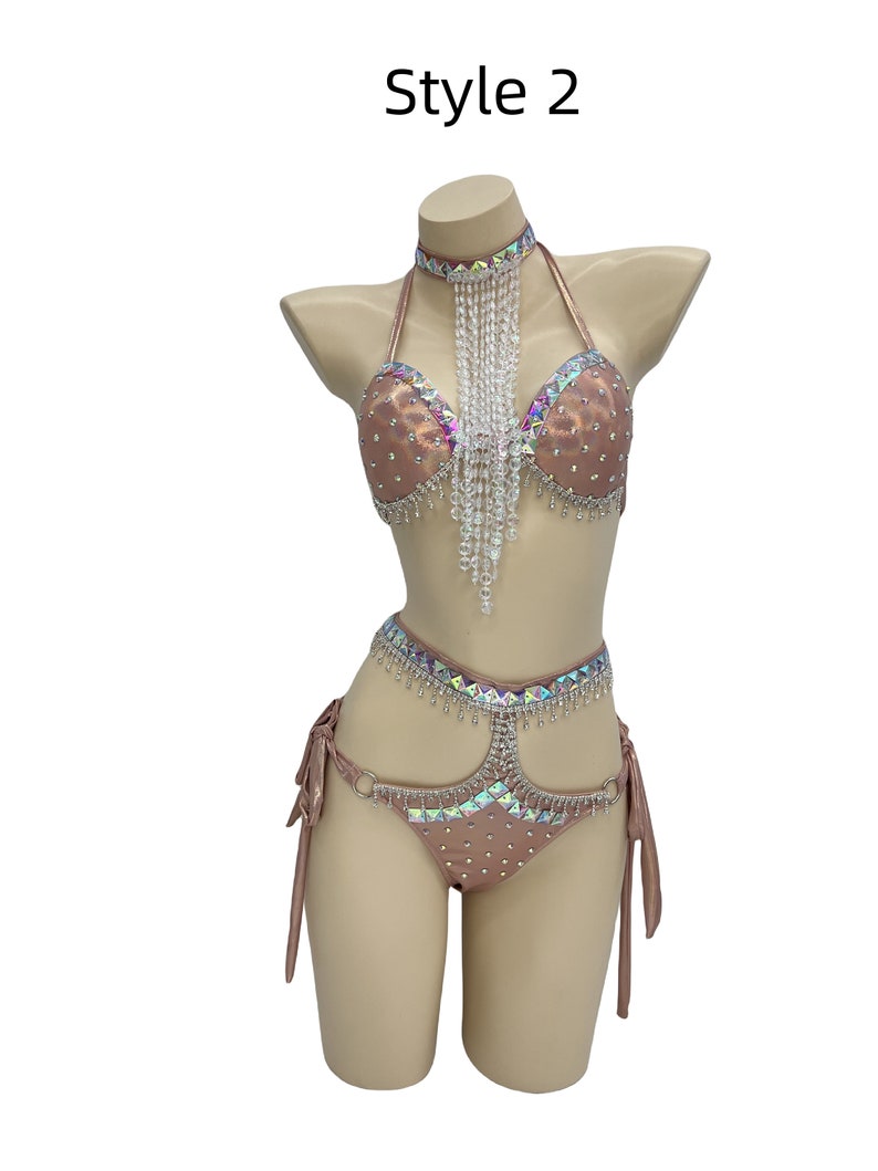 Dancewear Women's Rose Gold Sequin & Rhinestone Halter Bodysuit with Beaded Fringe