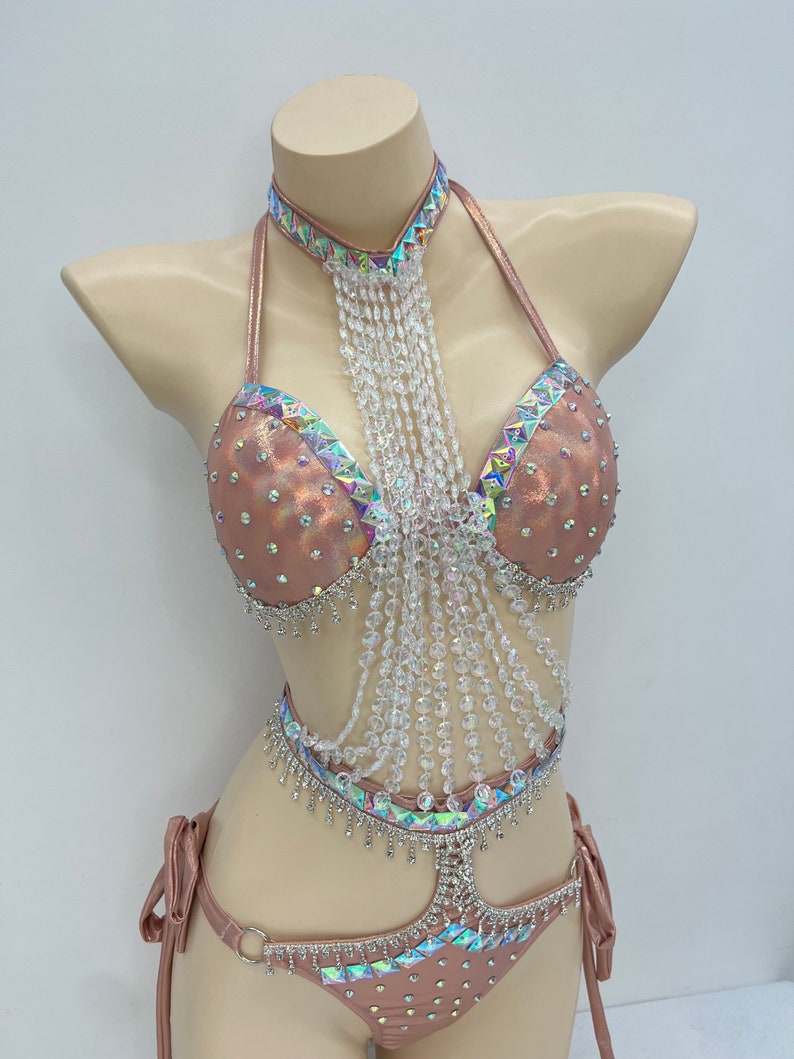 Dancewear Women's Rose Gold Sequin & Rhinestone Halter Bodysuit with Beaded Fringe