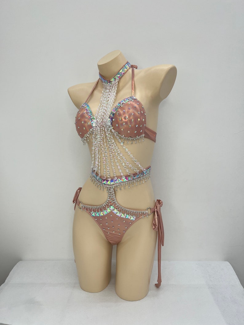 Dancewear Women's Rose Gold Sequin & Rhinestone Halter Bodysuit with Beaded Fringe