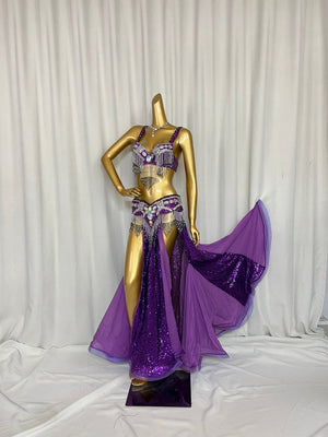 Belly Dance Costume Women Black Sequin Beaded Fringe Bra & Skirt Set with Slits, Performance Wear